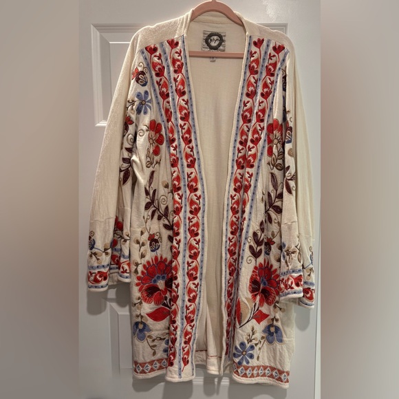 Johnny Was Sweaters - Johnny Was Cream Cardigan with Red and Blue Floral Embroidery-Limited Edition